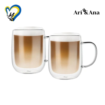 Набор стеклянных чашек Ari&Ana 2х500 мл, двойная стенка, прозрачный, термостойкий стакан, для кофе, чая, латте, капучино