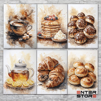 Набор из шести постеров 30×40 см Стиль кафе ресторан Акварель ENTERSTORE (art.poster_cafe_set)