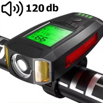 Велофара с компьютером и сигналом AS0808-XPG+2LED(yellow)+2COB(red), выносная кнопка, Waterproof, аккумулятор, ЗУ microUSB