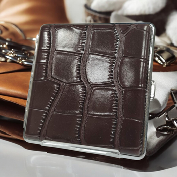 Портсигар металевий у шкірі GVIPAI Dragon Dark Brown Silver на 20 сигарет у подарунковій упаковці