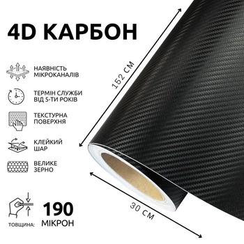 Самоклеящаяся Виниловая Пленка Catpiano 4D Карбон (Черный) 30х152 см, Текстурированный Винил под Карбон для Авто/Тюнинга (133)