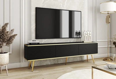 Тумба под ТВ Perfect Home Оро / Oro RTV175 MDF 3-дверная с золотыми ножками Черный