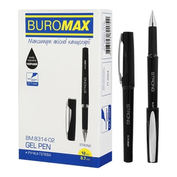 Ручка гелевая Buromax STRONG 0.7 мм с резиновым грипом, чернила чёрные, набор 12 шт. Buromax (BM.8314-02)