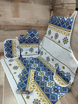 Полный набор для кухни фартук перчатка прихватка Голубой с желтым (Д-fartuh0010)