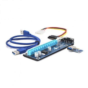 Riser PCI-EX, x1=>x16, 4-pin / Sata MOLEX, SATA=>4Pin, USB 3.0 AM-AM 0,6 м (синий) , конденсаторы 270, Пакет Б/у