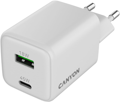 Мережевий зарядний пристрій Canyon GaN CU45AC USB Type-A QC4.0 18W Type-C PD 45W White (CNS-CUW45AC)