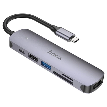 Багатофункціональний перехідник Hoco HB28 Multi-function 6in1 (Type-C to HDTV+USB3.0+USB2.0+SD+TF+PD) Metal gray