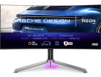 TFT 34" AOC PD34, QD-OLED, WQHD, 240Гц, 0,03мс, вигн., 2хHDMI, DP, USB-C, USB-hub, HAS, кол., чорний