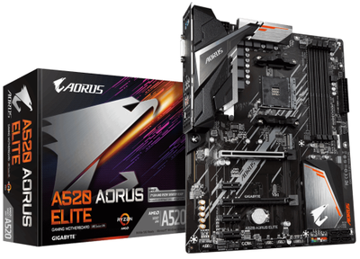 Мат.плата AM4 (A520) Gigabyte A520 AORUS ELITE, A520, 4xDDR4, Int.Video(CPU), 4xSATA3, 1xM.2, 2xPCI-E 16x 3.0, 3xPCI-E 1x 3.0, ALC1200, RTL8118AS, 6xUSB3.2/6xUSB2.0, DVI-D/HDMI, ATX