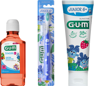 Набор GUM Junior Ополаскиватель для полости рта 300 мл + Зубная щетка Голубая + Зубная паста-гель 50 мл (3022_7630019902892/7630019902564/0070942304160)