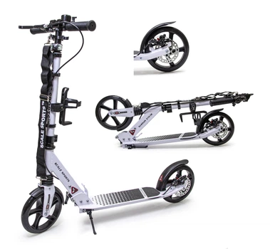 Детский самокат Scale Sports SS-12 + фонарик + звоночек + ремень + подстаканник. Дисковый тормоз. Белый цвет