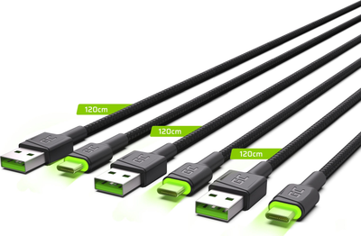 Набір кабелів Green Cell Ray Set 3x USB-A – USB-C LED 1.2 м Black (KABGCSET02)