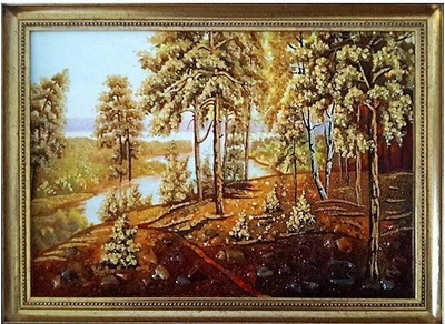 Картина "Лес на холме" из янтаря 20х30