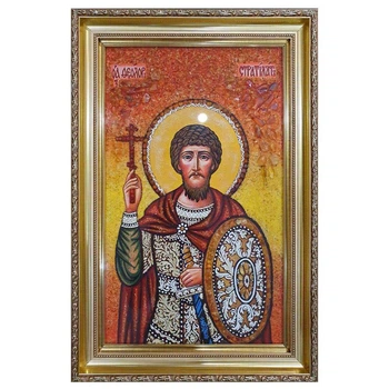 Икона "Пресвятой Феодор Стратилат" янтарная 15х20