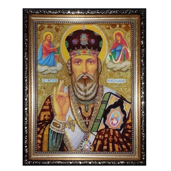 Икона "Святой Николай с Иисусом и Богородицей" янтарная 15х20