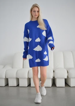 Жіноча В'язана Кофта-сукня Стаф Синя З Хмаринками Оверсайз Staff Cloud Oversize XS-S (317755)
