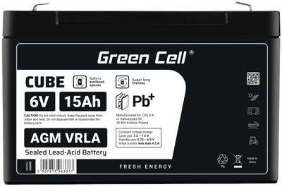 Акумуляторна батарея Green Cell AGM VRLA 6V 15Ah (5907813963377)