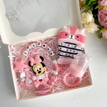Подарочный набор для девочки с именной игрушкой грызунком Минни Маус (роза кварц) на крестины, выписку