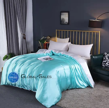 Атласное Бело-Голубое двуспальное постельное белье Moka Textile 175*210