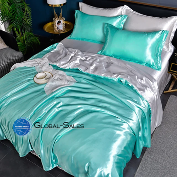 Атласное Бело-Голубое полуторное постельное белье Moka Textile 145*210