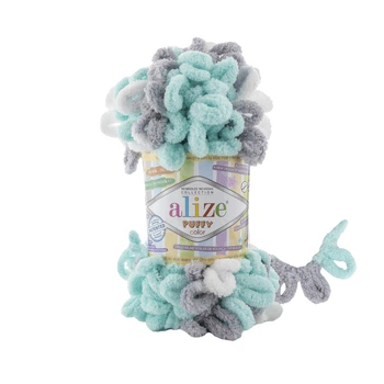 Пряжа для в'язання руками Alize Puffy Color фантазійна 100г сіро-бірюзова №6408