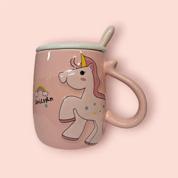 Чашка Єдиноріг з кришкою та ложкою в наборі 400мл. pink (сс130)