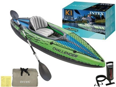 Одноместная надувная лодка байдарка каяк Intex 68305 Challenger K1, 274 х 76 см, алюминиевое весло, ручной насос