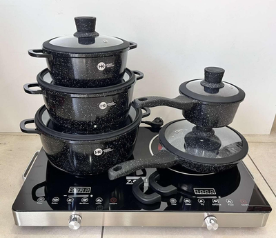 Набор кастрюль с гранитным антипригарным покрытием Higher Kitchen НК-316 из 12 предметов Черный