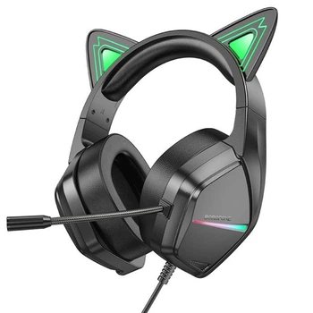 Наушники накладные Borofone BO106 игровые с ушками и LED подсветкой, USB, 3.5 мм, elf cat, Black