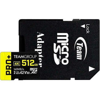 Карта пам'яті TEAM PRO+ MICRO SDXC 512GB UHS-I U3 A2 V30 (DDR200) RETAIL з адаптером (TPPMSDX512GIA2V3003)