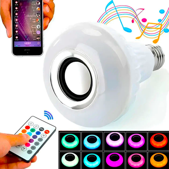 Лампа світлодіодна з колонкою (RGB/Bluetooth/12Вт/E27) / Смарт лампа / Розумна лампочка (L)