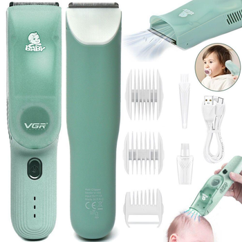 Машинка для стрижки детей с емкостью для волос и насадками VGR Baby V-155 5W / Беспроводной вакуумный детский триммер для младенцев на аккумуляторе (Зеленый)