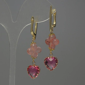Серьги из халцедона в форме четырехлистного клевера, диаметр 13 мм ±, розовый кристалл в оправе 13 мм ±, длина 53 мм ±, ida81919