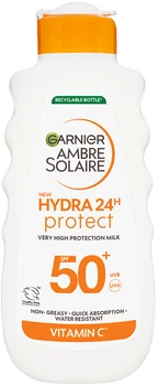 Сонцезахисне водостійке молочко Garnier Ambre Solaire Зволоження 24 години з вітаміном С для шкіри тіла та обличчя Дуже високий ступінь захисту SPF 50+ 175 мл (3600542624961)