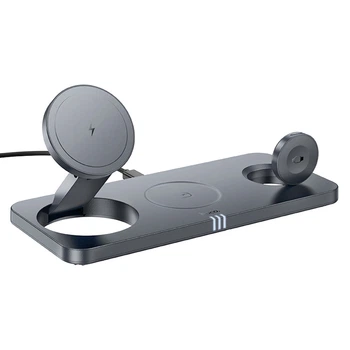 Зарядне бездротове пристрій Hoco CQ22 (3 в 1) магнітний MagSafe 15W для iPhone/Samsung/Xiaomi, для навушників, для iWatch Док-станція Сірий