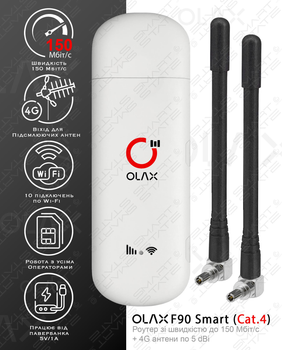 Мобільний 4G модем/роутер USB Wi-Fi 3G/4G LTE OLAX F90 Smart (Cat.4) Київстар, Vodafone, Lifecell + 2 антени 5 dBi. Швидкість до 150 Мбіт/с. 2 виходи CRC9. Підтримка 10 пристроїв. Робота від PowerBank.