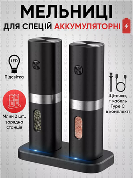 Акумуляторний млин для солі перцю спецій, набір 2 шт електрична перечниця сільничка солонка на USB для подрібнення з підсвічуванням