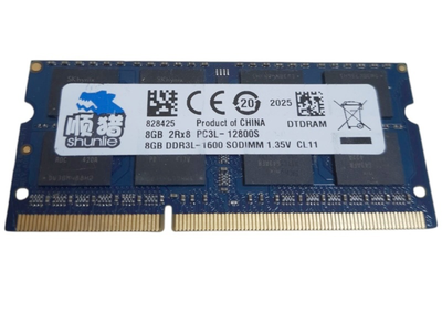 Оперативная память 8 ГБ, DDR3L, для ноутбуков, Shunlie (1600 МГц, 1.35 В, CL11, 828425) Б/У