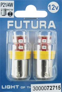 Лампочка 2-х конт. груша желтая LED SMD 12V 24-диода P21/4W BAZ15d (Futura) (к-т.-2шт.) 72715