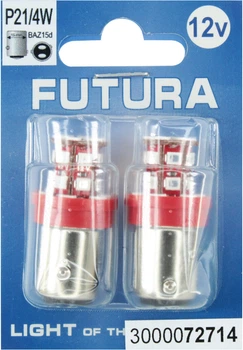 Лампочка 2-х конт. груша красная LED SMD 12V 24-диода P21/4W BAZ15d (Futura) (к-т.-2шт.) 72714