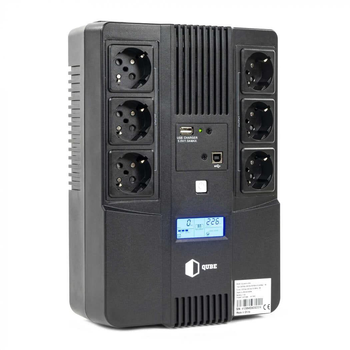 Джерело безперебійного живлення QUBE UPS) лінійно - інтерактивний AIO 650, 650VA/360W, LCD, 6 x Schuko, RJ-45, USB (QBAIO650)