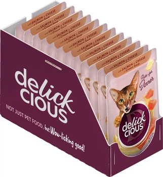 Вологий корм для дорослих котів Delickcious Смужки з лососем та сиром у крем супі