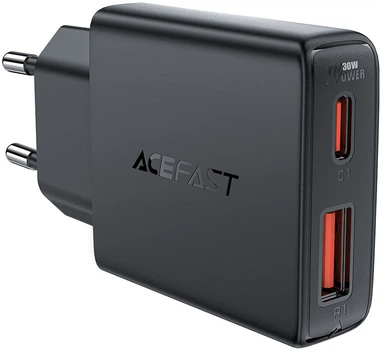 Сетевое зарядное устройство Acefast A69 PD30W GaN USB-A+USB-C ultra-thin charger Black (6974316282709)