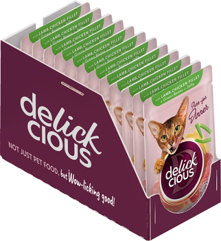 Упаковка Полнорационного консервированного корма для взрослых котов Delickcious Кусочки с ягнятиной, куриным филе и спаржевой фасолью в желе 85 г х 12 шт (B5410301)