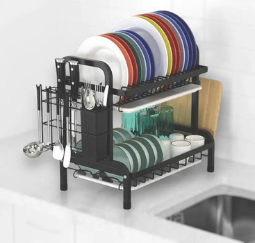 Двухъярусная сушка для посуды Bowl Rack на мойку для тарелок с корзиной для приборов металл 1001