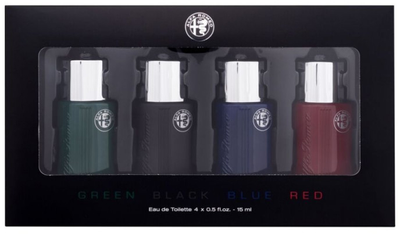 Zestaw miniaturek męskich Alfa Romeo Woda toaletowa Green 15 ml + Woda toaletowa Black 15 ml + Woda toaletowa Blue 15 ml + Woda toaletowa Red 15 ml (810876039451)