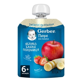Пюре Gerber яблоко-банан-клубника фруктовое для детей от 6-ти месяцев 90 г (8445290734914)