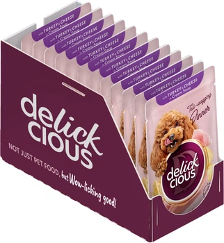 Вологий корм для дорослих собак Delickcious Смужки з індичкою та сиром у крем супі