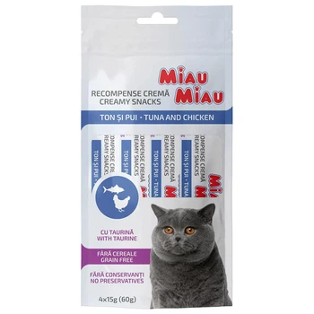 Ласощі MIAU MIAU Creamy Cat Treats -для котів, з тунецем та куркою, 4x15 г