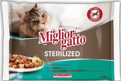 Упаковка консерв для стерилізованих котів Morando Migliorgatto Sterilized лосось 2 шт \ риба та креветки 2 шт 85 г x 4 шт (8007520014809)